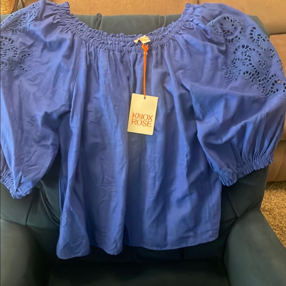 Royal Blue Blouse with Puff Sleeves and Flutter Neckline